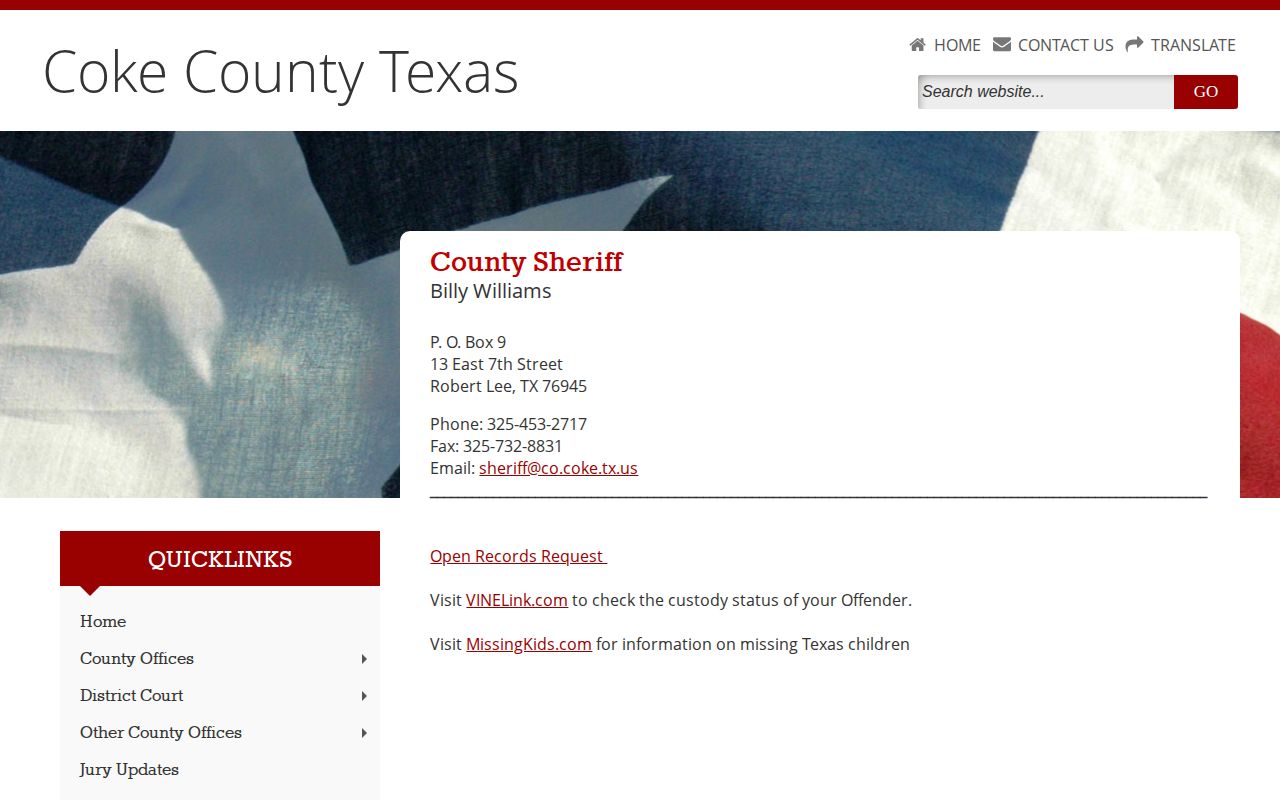 Coke County Jail sheriff contact and release records page