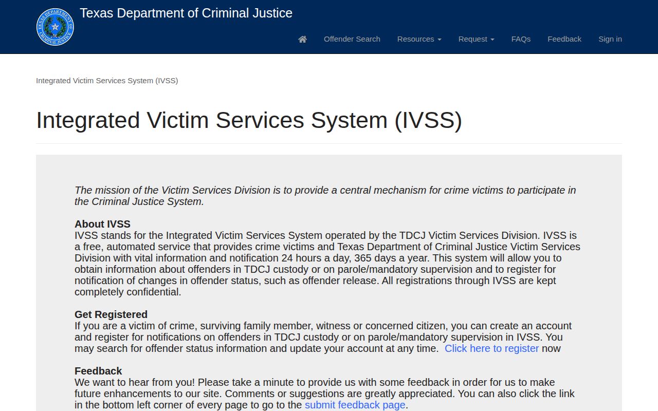 TDCJ IVSS Coke County state release notification entry