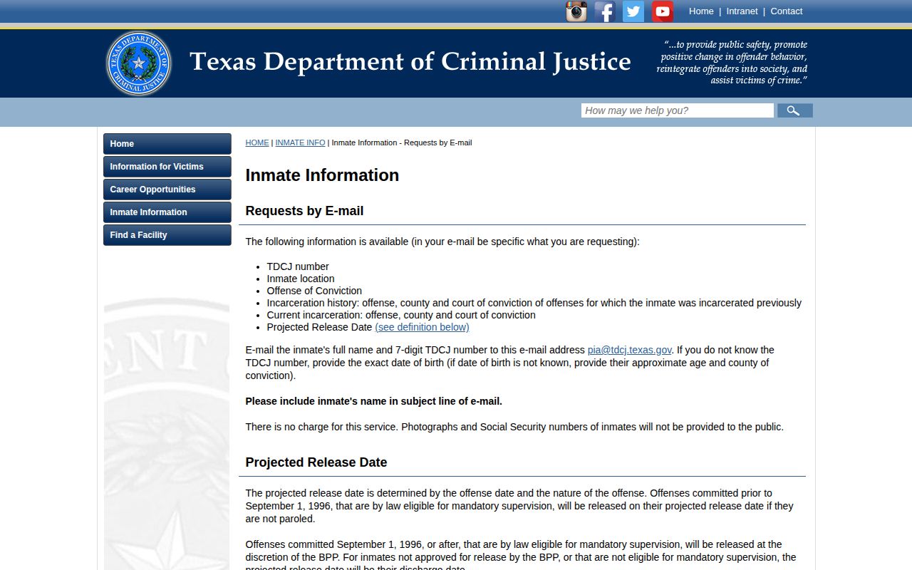 Coke County projected release date information from TDCJ